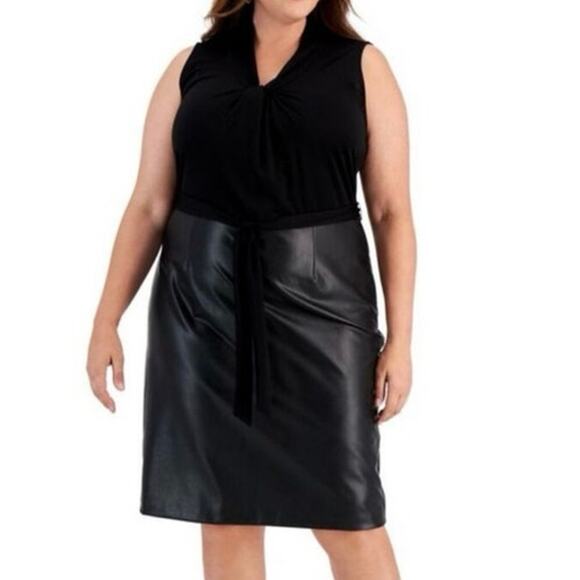 Kasper Black Faux Leather Mixed Media Knee-Length Sheath Dress nwt 20W - Picture 1 of 10